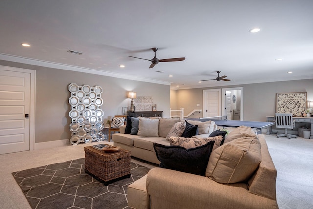 188 Lagoon Dr, Clarks Hill, SC 29821 - carpeted living area with recessed lighting, a ceiling fan, ornamental molding, and stairs