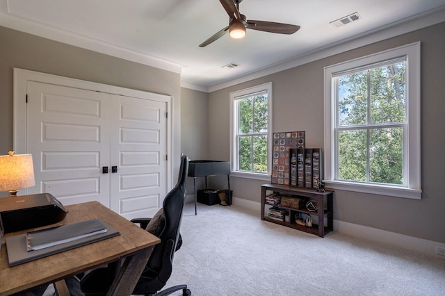 188 Lagoon Dr, Clarks Hill, SC 29821 - carpeted office space with a ceiling fan and ornamental molding