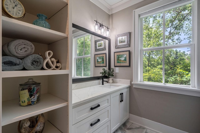 188 Lagoon Dr, Clarks Hill, SC 29821 - bathroom featuring marble finish flooring, vanity, and ornamental molding