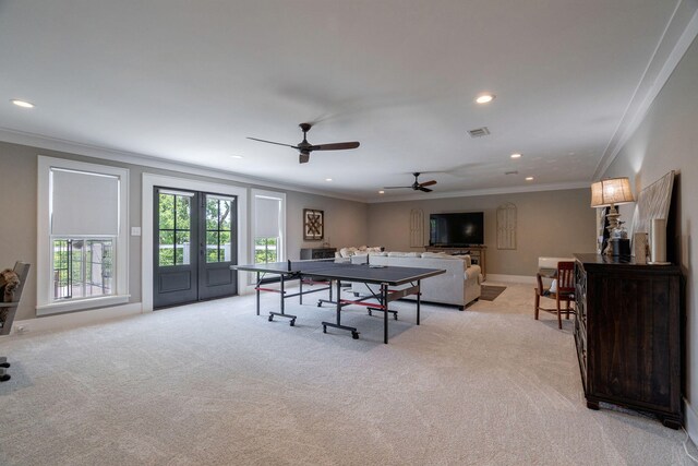 188 Lagoon Dr, Clarks Hill, SC 29821 - recreation room with light carpet, ornamental molding, recessed lighting, and a ceiling fan