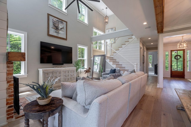 188 Lagoon Dr, Clarks Hill, SC 29821 - living room with plenty of natural light, stairs, hardwood / wood-style floors, a high ceiling, and recessed lighting