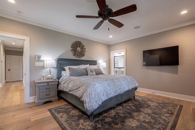 188 Lagoon Dr, Clarks Hill, SC 29821 - bedroom with ornamental molding, light wood-style floors, recessed lighting, and a ceiling fan
