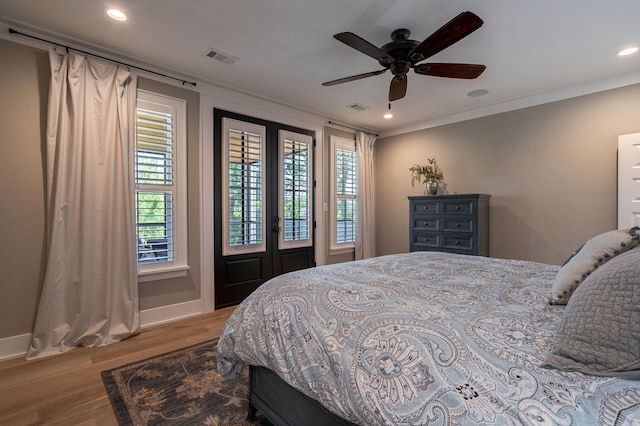 188 Lagoon Dr, Clarks Hill, SC 29821 - bedroom featuring wood finished floors, access to outside, recessed lighting, ornamental molding, and a ceiling fan