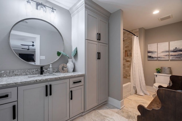 188 Lagoon Dr, Clarks Hill, SC 29821 - full bathroom featuring marble look tiles, vanity, ceiling fan, and shower / bath combination with curtain