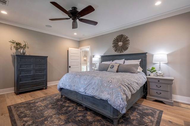 188 Lagoon Dr, Clarks Hill, SC 29821 - bedroom featuring light wood-style flooring, recessed lighting, ornamental molding, and a ceiling fan