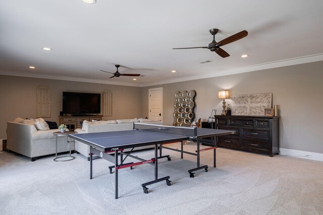 188 Lagoon Dr, Clarks Hill, SC 29821 - playroom featuring a ceiling fan, light colored carpet, crown molding, and recessed lighting