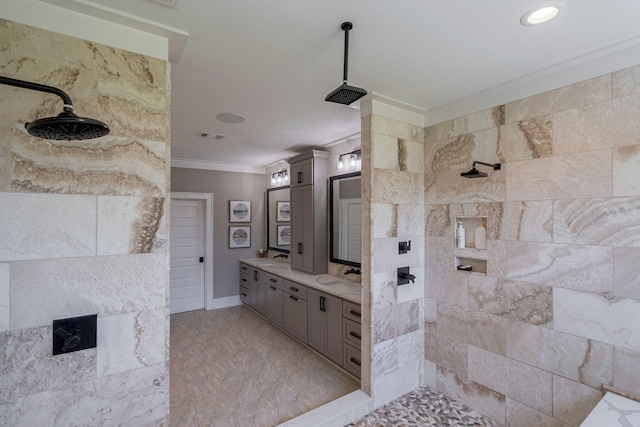 188 Lagoon Dr, Clarks Hill, SC 29821 - bathroom with ornamental molding, a tile shower, double vanity, and marble finish flooring