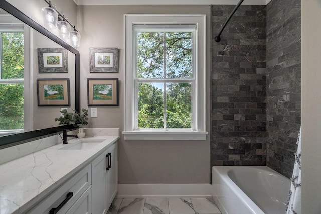 188 Lagoon Dr, Clarks Hill, SC 29821 - bathroom with vanity, marble look tile flooring, and shower / bath combo with shower curtain