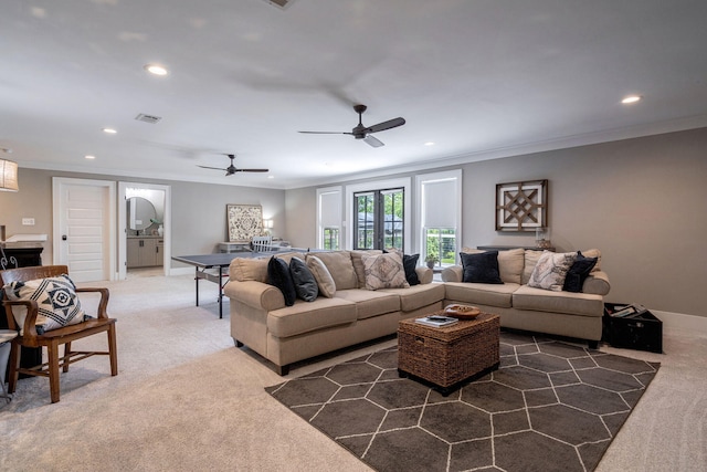188 Lagoon Dr, Clarks Hill, SC 29821 - living area featuring carpet floors, ornamental molding, recessed lighting, and a ceiling fan