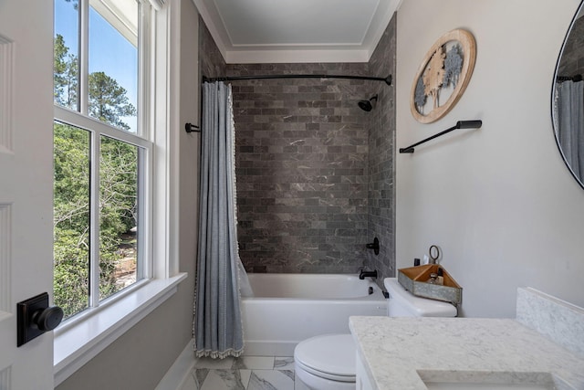 188 Lagoon Dr, Clarks Hill, SC 29821 - bathroom with marble finish floors, vanity, shower / bath combo with shower curtain, plenty of natural light, and crown molding