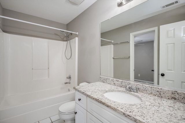 full bath featuring vanity, toilet, visible vents, and shower / bath combination