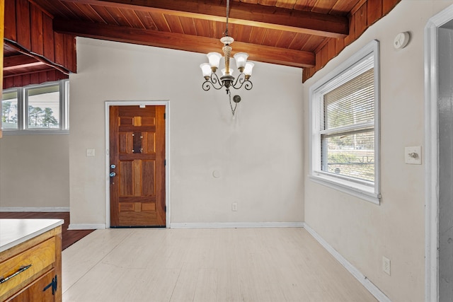 dining room with a healthy amount of sunlight, wooden ceiling, and beam ceiling