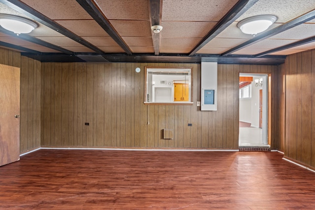 spare room with beam ceiling, wood finished floors, electric panel, and wooden walls