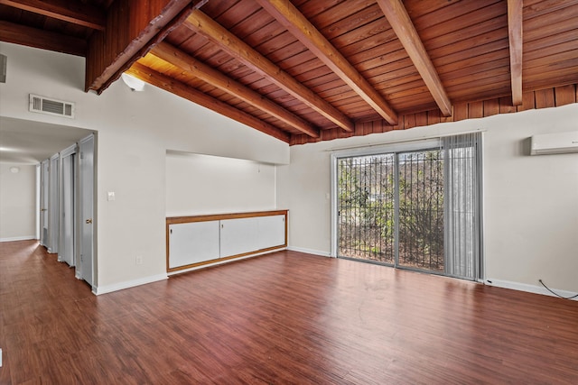 empty room with lofted ceiling with beams, wood finished floors, visible vents, baseboards, and a wall mounted air conditioner