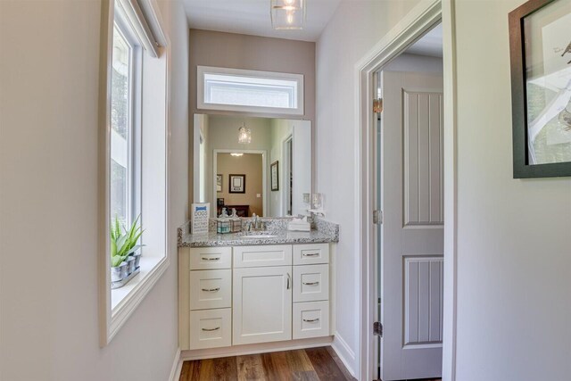 bathroom with vanity and wood-type flooring