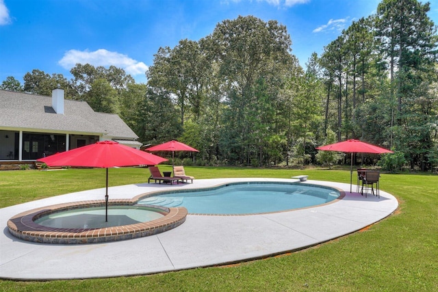 1370 Deerwood Cir, Stapleton, GA 30823 - view of pool featuring a yard, a sunroom, a pool with connected hot tub, a patio area, and a diving board