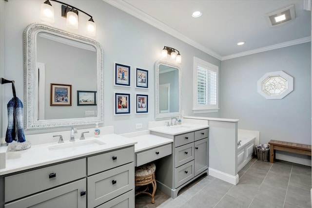 full bathroom featuring vanity, a garden tub, recessed lighting, ornamental molding, and tile patterned floors