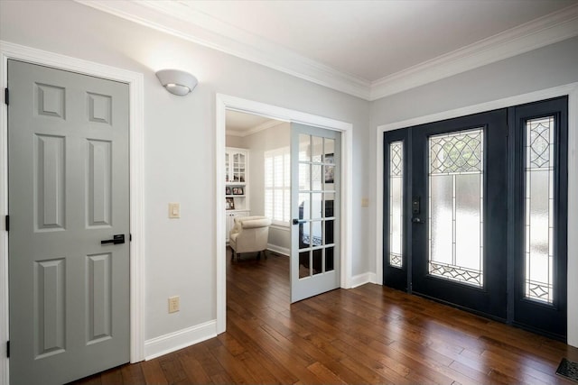 entryway with french doors, baseboards, dark wood-style flooring, and crown molding