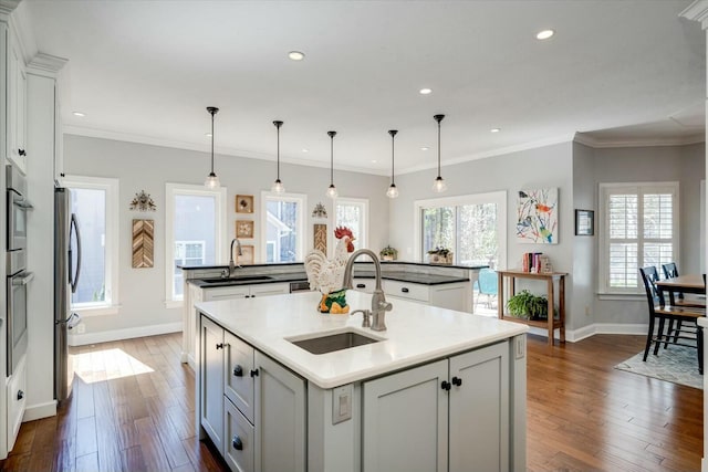 kitchen with a sink, dark wood-type flooring, a healthy amount of sunlight, and a center island with sink