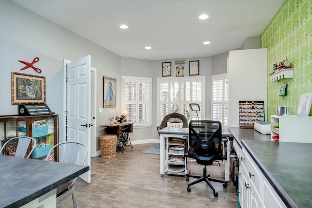 office area with recessed lighting and baseboards