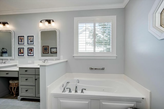 bathroom featuring vanity, a garden tub, tile patterned floors, and ornamental molding