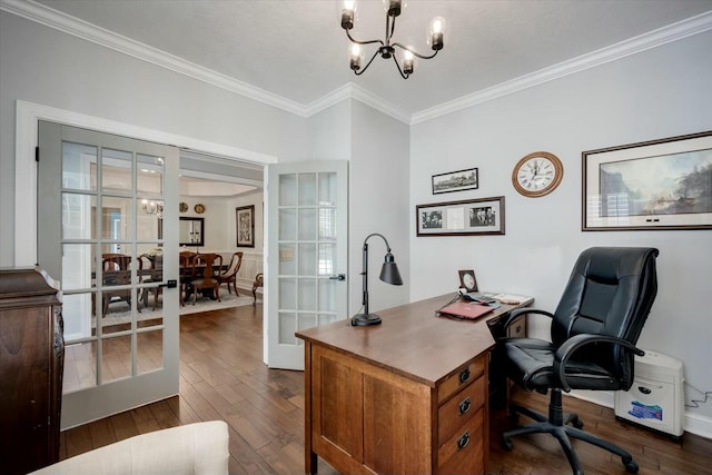 office area featuring dark wood-style floors, a chandelier, french doors, and ornamental molding