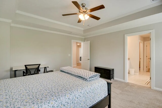 3120 Wayne Dr, Evans, GA 30809 - bedroom featuring light colored carpet, crown molding, baseboards, a ceiling fan, and a raised ceiling