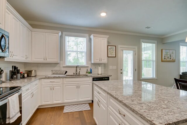 3120 Wayne Dr, Evans, GA 30809 - kitchen featuring a sink, wood finished floors, crown molding, stainless steel appliances, and decorative backsplash