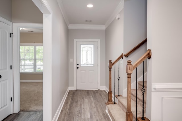 750 Herrington Dr, Grovetown, GA 30813 - entryway with stairway, crown molding, visible vents, baseboards, and wood finished floors