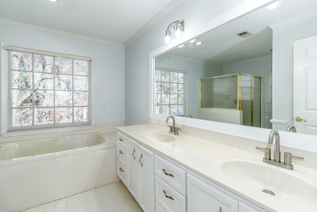 bathroom featuring vanity, crown molding, tile patterned floors, and independent shower and bath