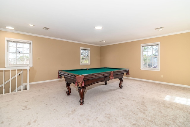 rec room featuring pool table, ornamental molding, and carpet flooring