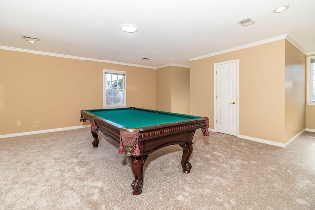 recreation room with billiards, ornamental molding, and carpet