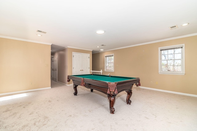 playroom with ornamental molding, light carpet, and a wealth of natural light