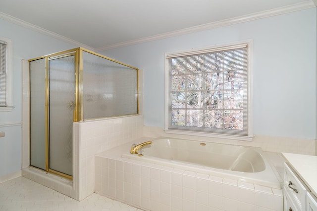 bathroom featuring vanity, tile patterned flooring, crown molding, and plus walk in shower