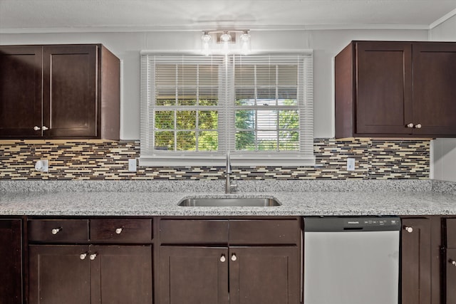 2131 Reedale Ave, Augusta, GA 30906 - kitchen featuring stainless steel dishwasher, a sink, dark brown cabinetry, crown molding, and backsplash