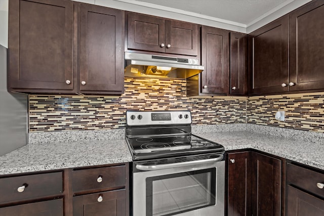 2131 Reedale Ave, Augusta, GA 30906 - kitchen with stainless steel range with electric cooktop, under cabinet range hood, dark brown cabinets, and tasteful backsplash