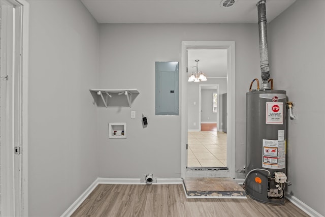 2131 Reedale Ave, Augusta, GA 30906 - laundry area featuring electric panel, gas water heater, washer hookup, wood finished floors, and electric dryer hookup