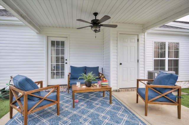 view of patio with ceiling fan and outdoor lounge area