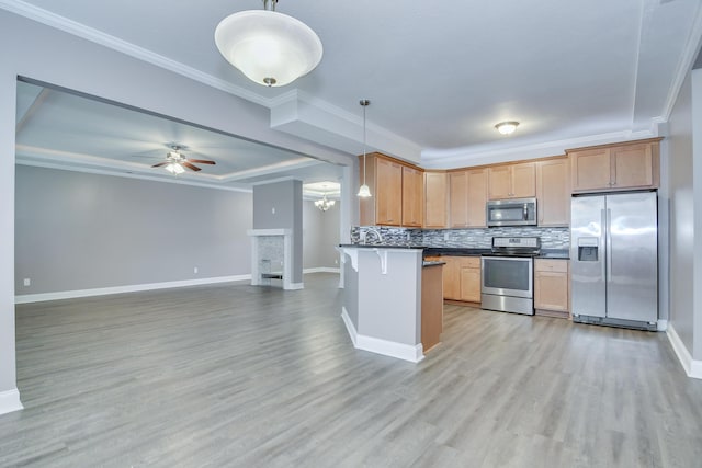 809 Richards Ct, Grovetown, GA 30813 - kitchen featuring stainless steel appliances, dark countertops, light wood-style floors, decorative backsplash, and open floor plan