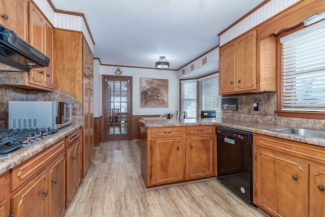 kitchen with ventilation hood, brown cabinetry, a peninsula, ornamental molding, and appliances with stainless steel finishes