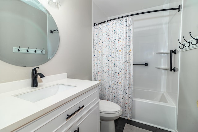 bathroom with toilet, vanity, and shower / bathtub combination with curtain