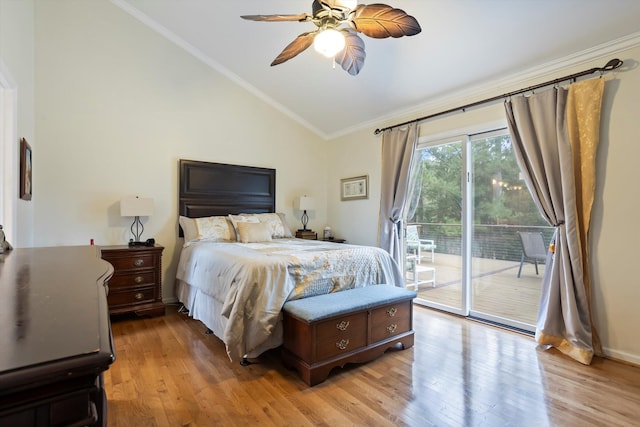 bedroom with light wood finished floors, ceiling fan, access to outside, vaulted ceiling, and crown molding