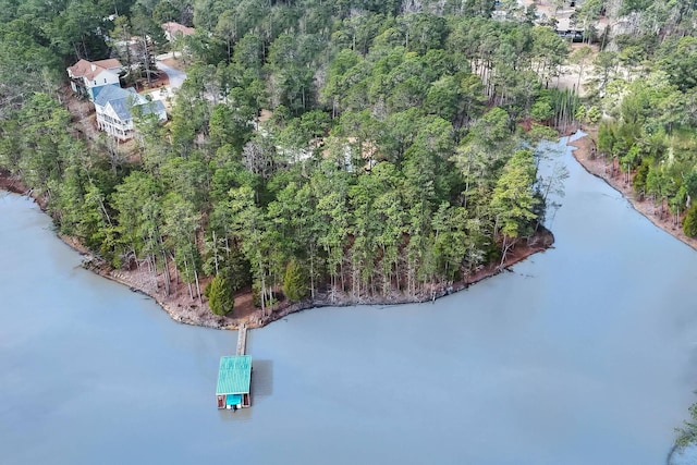 drone / aerial view featuring a water view and a view of trees