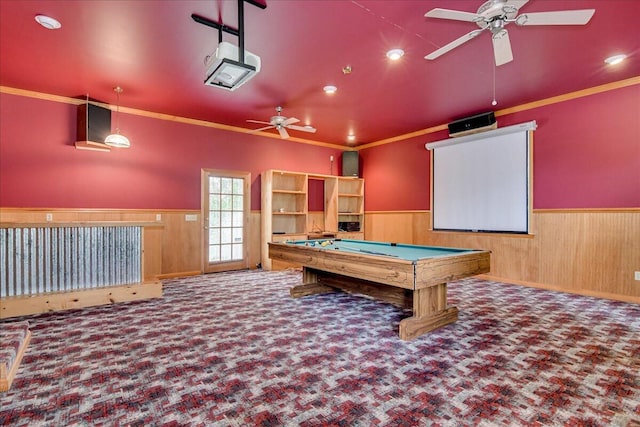 rec room featuring carpet floors, crown molding, ceiling fan, and pool table