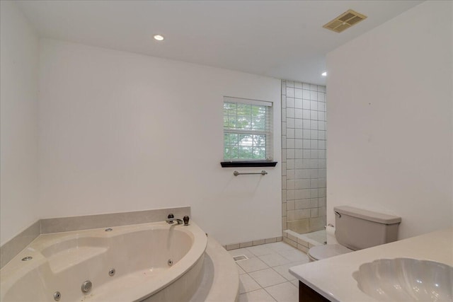 full bathroom featuring plus walk in shower, tile patterned flooring, vanity, and toilet