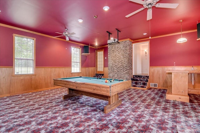 recreation room featuring ceiling fan, a healthy amount of sunlight, crown molding, and pool table