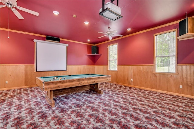 recreation room featuring carpet flooring, ceiling fan, crown molding, and pool table