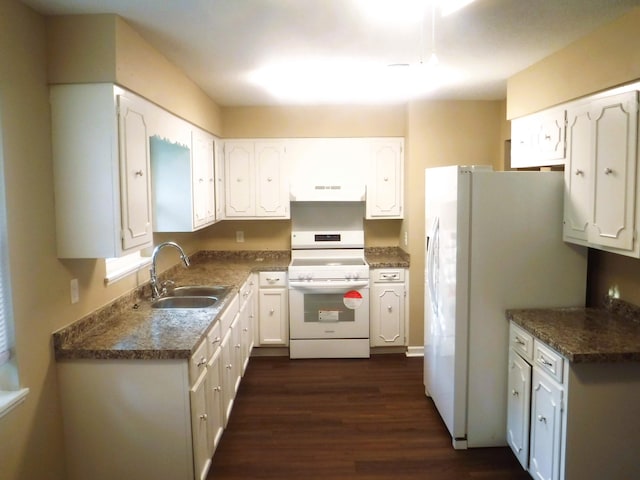 kitchen featuring white appliances, dark wood-type flooring, white cabinets, sink, and range hood