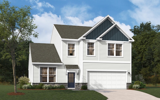 view of front of home with a garage, stone siding, concrete driveway, a front lawn, and board and batten siding