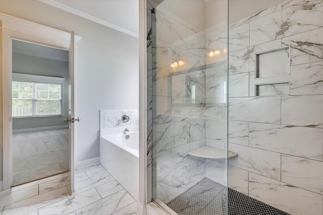 bathroom featuring separate shower and tub and ornamental molding